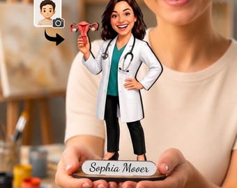 Personalized Gynecologist Wooden Figurine from Photo, Custom OBGYN Doctor Caricature Gift