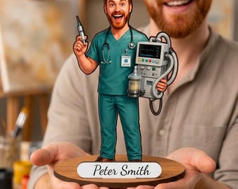 Personalized Anesthesiologist Wooden Figurine from Photo, Custom Anesthesia Doctor Caricature Gift