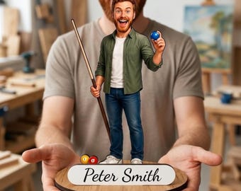 Personalized Pool Player Wooden Figurine from Photo, Custom Billiards Player Caricature Gift