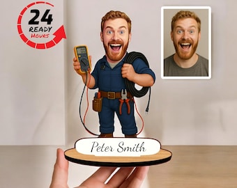 Personalized Electrician Caricature: Custom Wooden Tradesman Gift
