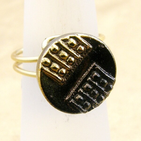 RESERVED  Black and Gold Czech Glass Button Ring