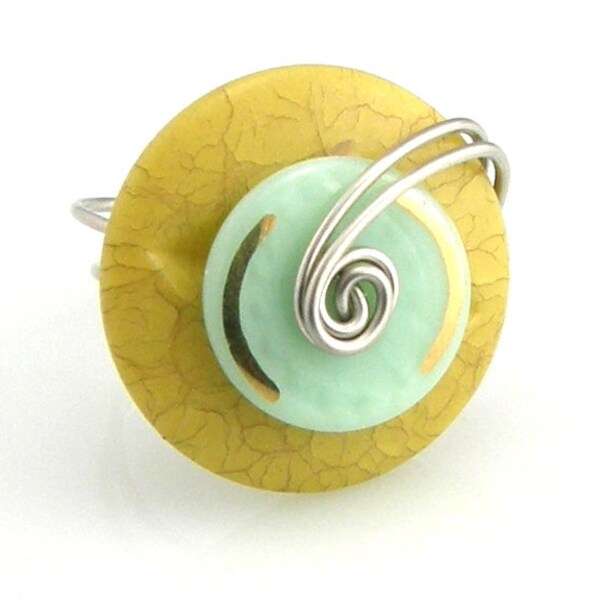 Layered Wire Wrap Button Ring Mustard Yellow Gold and Mint Green Cyber Monday Black Friday