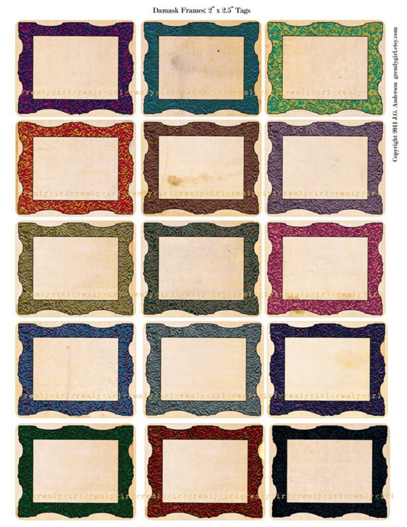 Digital Collage Sheet 15 Fancy Frame Damask Gift Tags 2 X 5 Inch For Sbooking Decoupage Altered Art Mixed Media