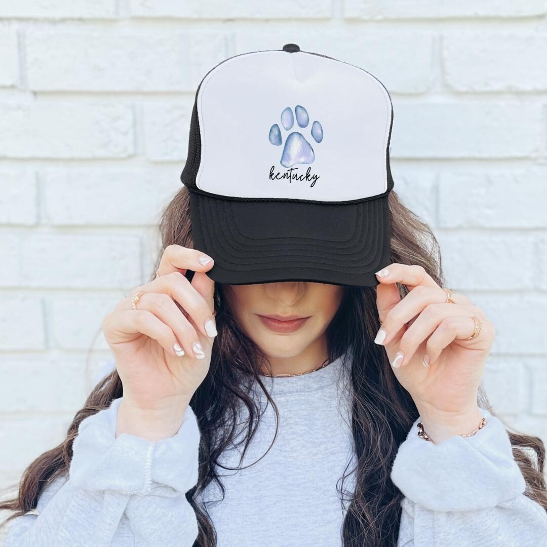 Watercolor Paw Print Trucker Cap, Kentucky Text Hat, Sports 