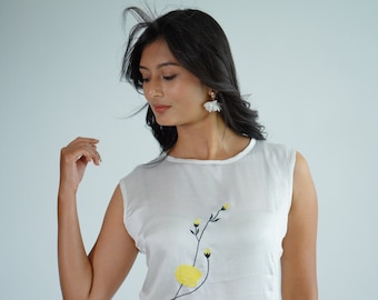 Top de seda suave blanco hecho a mano / Top sin mangas orgánico hecho de tela modal de algodón / Adecuado para varias ocasiones / Top de tendencia