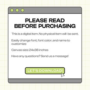May include: A digital item notice in a window-like frame. The text reads "PLEASE READ BEFORE PURCHASING" and details about the digital product, including canvas size 61x91 cm. A green button says "LET'S DOWNLOAD!"