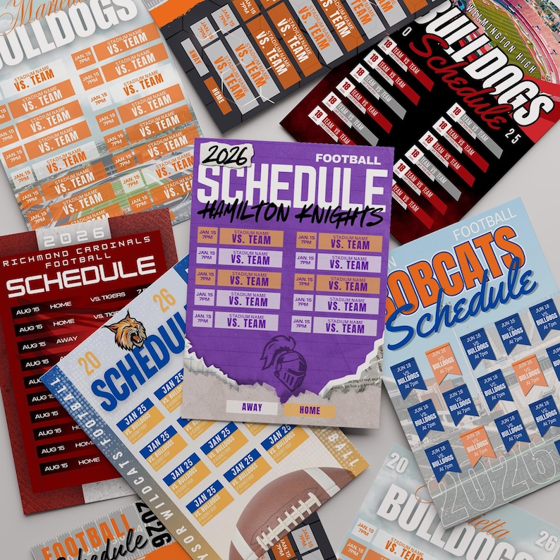 May include: A collection of football schedule flyers with various team names and dates. The flyers feature team logos, game times, and the year 2026. Colors include orange, blue, purple, and red. The flyers are arranged on a light surface.