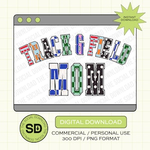 Puede incluir: Gráfico digital con el texto "TRACK & FIELD MOM" en varios patrones, dentro de un marco de ventana de ordenador. Incluye texto de "Descarga instantánea" y "Descarga digital". Ideal para los aficionados al atletismo.