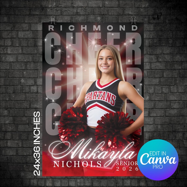 May include: A poster, 61x91 cm, featuring a cheerleader in a black, red, and white uniform holding red and black pom-poms. The poster has the word "CHEER" in large, bold letters, with the name "Mikayla Nichols" and "Senior 2026" displayed prominently.