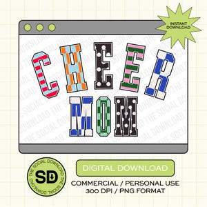 Könnte beinhalten: Ein digitaler Download mit dem Schriftzug "CHEER MOM" in bunten, gemusterten Buchstaben. Das Design wird in einem Computerfenster dargestellt, mit einem grünen Stern mit der Aufschrift "SOFORT-DOWNLOAD".