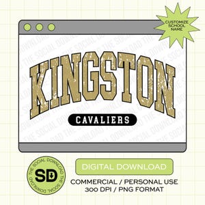 Pode incluir: Download digital de um gráfico desbotado em ouro e preto com o texto "KINGSTON CAVALIERS". O gráfico está em uma janela do navegador com um fundo branco.