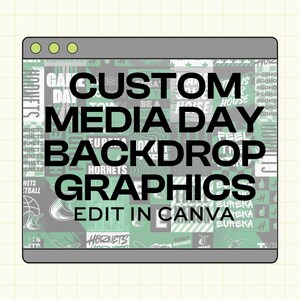 May include: A digital graphic design displayed on a computer screen. The design features the words "CUSTOM MEDIA DAY BACKDROP GRAPHICS" in large black text. The background has a collage of green and white patterns and the text "EDIT IN CANVA".