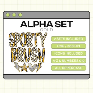 Sporty Brush Alpha Set, Gold Spirit alpha set, Sports alpha png, School spirit alpha, doodle alpha (SportyBrush-Gold)