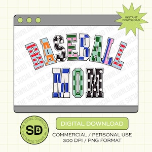 Puede incluir: Gráfico de descarga digital con las palabras "BASEBALL MOM" en un diseño colorido y estampado. La imagen está dentro de un marco de ventana de computadora e incluye un botón de "DESCARGA DIGITAL".