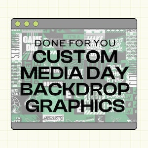 Könnte beinhalten: Digitales Grafikdesign für eine Media-Day-Kulisse. Das Design zeigt den Text "DONE FOR YOU CUSTOM MEDIA DAY BACKDROP GRAPHICS" in fetter schwarzer Schrift. Der Hintergrund ist eine Collage aus grünen und weißen Grafiken.