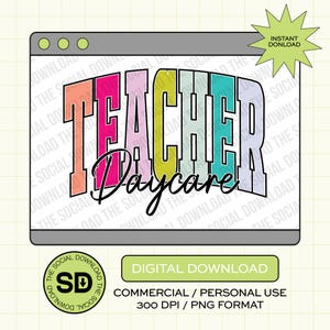 Puede incluir: Un gráfico de descarga digital con las palabras "TEACHER Daycare" en letras de bloque coloridas, sobre un marco de ventana de computadora. Incluye una estrella verde "Descarga instantánea" y un botón "Descarga digital".