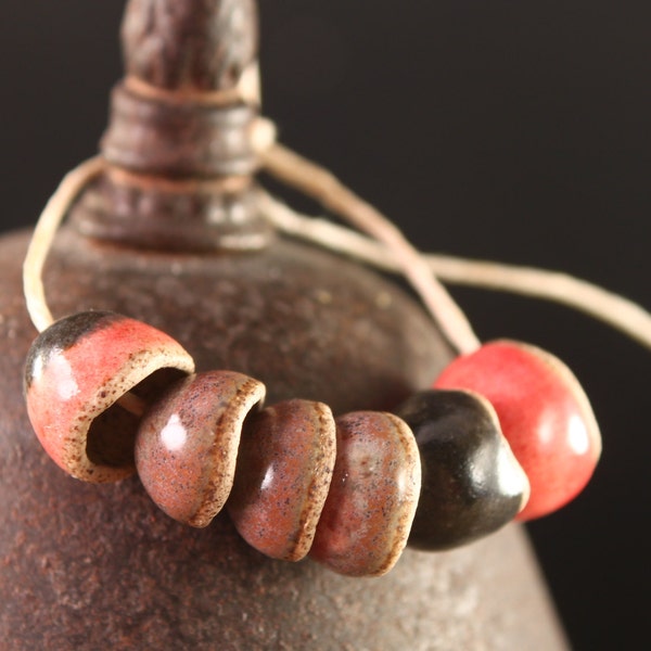 Handmade stoneware bead caps/cones Pink & Gray (6)