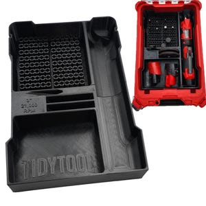 May include: Black plastic tool organizer with multiple compartments, including a grid-like section and a long, curved slot. The text "TIDYTOOL" is visible. A red tool case with tools is also shown.