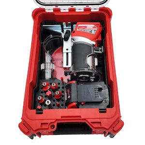 May include: A red and black cordless router with a battery and a variety of router bits, all stored in a red hard case.