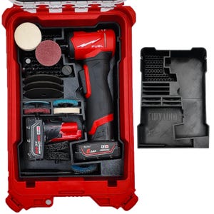May include: A red toolbox containing a black and red power tool, battery, and various buffing pads. The power tool has the word "FUEL" printed on it. A separate black storage container is also included, with the word "TIDYTOOL".