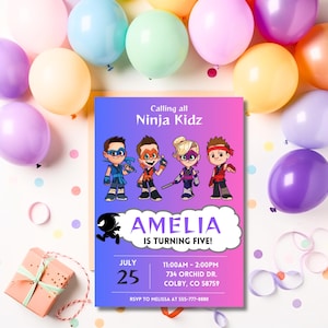 Convite editável para impressão Ninja Kidz Azul, Roxo, Convite de aniversário para menino e menina, Convite eletrônico, Download instantâneo, Modelo de convite.