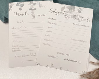 Tip cards, A6, baby shower, baby party set, neutral tip card, baby shower fill-in card, baby shower guessing game, eucalyptus, wish card
