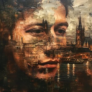 Original "Ciudad de los Reflejos", Arte Urbano Surrealista, Paisaje Urbano Detallado, Fusión Histórica, Decoración Moderna, Arte Urbano Único, Impresión de Pintura al Óleo