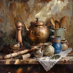 Original "Rustik charm", Vintagekök, Antika köksredskap, Mysig bondgårdsinredning, Rustikt stilleben, Köksväggkonst, Oljemålning