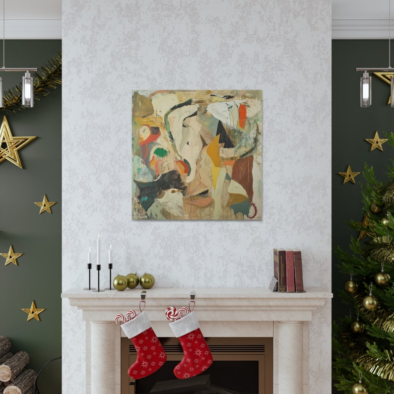 May include: Abstract art painting with a mix of colors including beige, brown, yellow, green, red, and blue. The painting is on a canvas and has a textured surface.