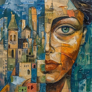 Original &quot;Urban Reflection&quot;, Urban Life Portrait Art, Cityscape Face Art, Emotional Urban Expression, Modern City Art, Oil Painting Print