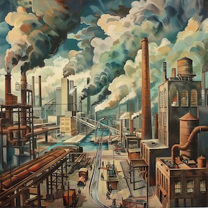 Originele "industriële symfonie", stedelijke industriële kunst, fabrieksscènekunst, schoorsteenlandschap, industriële revolutie kunst, olieverfschilderij afdrukken