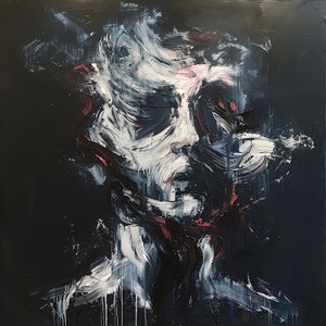 May include: Abstract oil painting on canvas featuring a face rendered in broad, expressive brushstrokes. The artwork uses a palette of black, white, and red, creating a dramatic and emotional effect. The subject's features are suggested through dynamic lines and color.