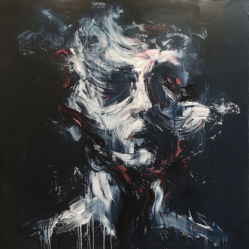 May include: Abstract oil painting on canvas featuring a face rendered in broad, expressive brushstrokes. The artwork uses a palette of black, white, and red, creating a dramatic and emotional effect. The subject's features are suggested through dynamic lines and color.