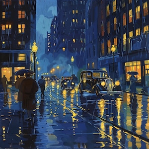 Original &quot;Rainy Night in the City&quot;, Urban Night Scene, Rainy Cityscape Art, Retro City Art, Reflections on Wet Streets, Oil Painting Print