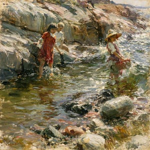 Può includere: Un dipinto a olio che raffigura tre bambini che giocano in una pozza rocciosa poco profonda. Un bambino indossa un vestito rosso, un altro una camicia bianca e il terzo un cappello di paglia e abiti chiari, immersi in acqua soleggiata.
