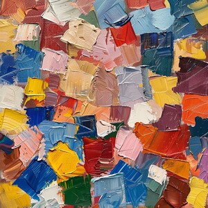 May include: An abstract oil painting on canvas featuring a dense composition of thick, impasto paint strokes. The surface is covered in a vibrant, multi-colored mosaic of square-like dabs in shades of red, blue, yellow, green, pink, and white.