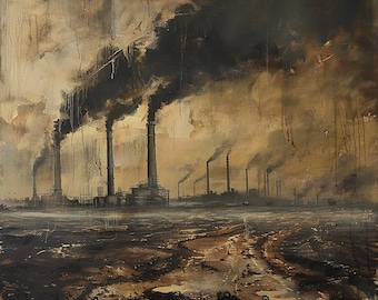 "Sombras Industriales", Contaminación atmosférica, Crisis ambiental, Emisiones de fábricas, Deterioro urbano, Arte sobre el cambio climático, Impresión al óleo original