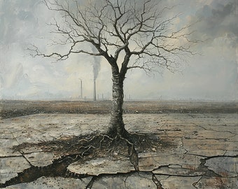 "Resiliencia Estéril", Arte sobre el Cambio Climático, Impacto Ambiental, Contaminación Industrial, Deforestación, Arte de la Naturaleza, Impresión al Óleo