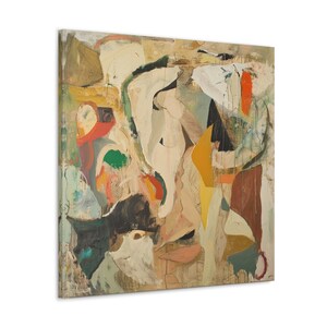 May include: Abstract painting with a mix of colors, including white, beige, brown, green, yellow, orange, and red. The painting features a variety of shapes and textures, creating a dynamic and expressive composition.