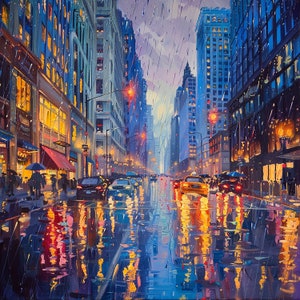 Original &quot;Rainy Reflections&quot;, Rainy City Night, Urban Rain Scene, Reflections on Street, City Lights, Atmospheric Art, Oil Painting Print