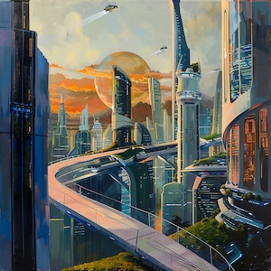 May include: A futuristic cityscape with tall buildings, a winding road, and a large, orange moon in the background.