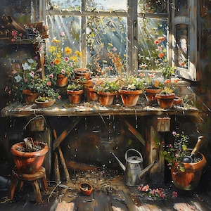 Original &quot;Garden Serenity&quot;, Botanical Still Life, Flower Pots Art, Sunlit Garden Scene, Indoor Plants, Rustic Greenhouse, Oil Painting Print