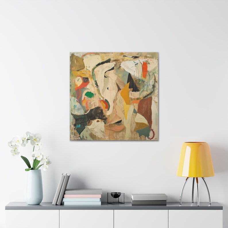 May include: Abstract painting with a mix of colors including white, brown, yellow, green, and red. The painting is on a canvas and has a textured surface.
