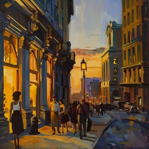 Original &quot;Evening Stroll&quot;, Evening City Scene, Urban Walkway Art, City Sunset Artwork, Warm Street Glow, Tranquil Night, Oil Painting Print
