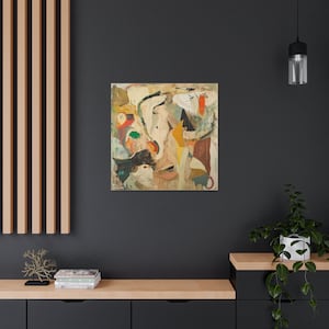 May include: Abstract painting with a mix of colors, including green, yellow, orange, and brown. The painting is on a canvas and has a textured surface.