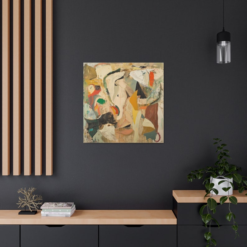 May include: Abstract painting with a mix of colors, including green, yellow, orange, and brown. The painting is on a canvas and has a textured surface.