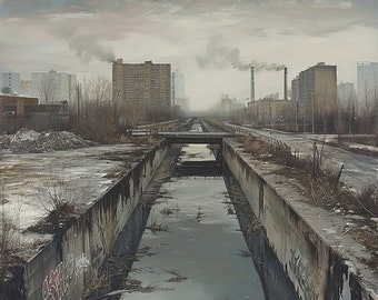 Impresión original de "Decadencia urbana", Crisis ambiental, Impacto de la urbanización, Arte contaminante, Decadencia industrial, Cambio climático, Pintura al óleo