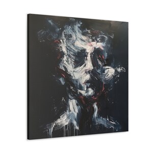 May include: Abstract portrait painting on canvas. The artwork features a face rendered with bold brushstrokes in white, black, and red against a dark background. The style is expressive and modern, suitable for home decor.