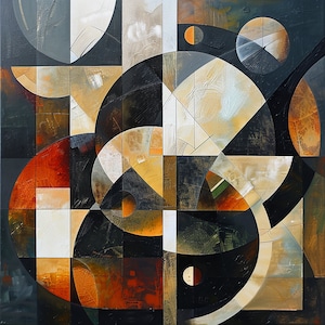 Può includere: Dipinto geometrico astratto con una miscela di colori nero, bianco, marrone, arancione e verde. Il dipinto presenta cerchi e quadrati sovrapposti.