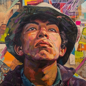 May include: A close-up portrait of a person wearing a colourful, patterned hat. The person is looking upwards with a thoughtful expression. The background is a collage of colourful, abstract shapes and textures.